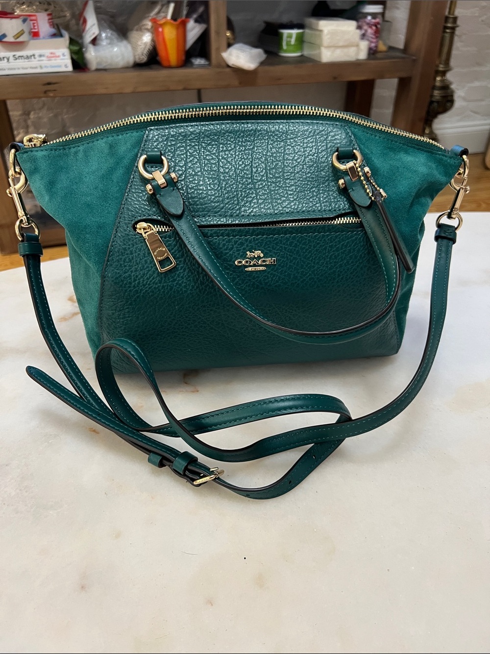 Coach Teal Green Leather Shoulder Satchel with Gold Hardware
